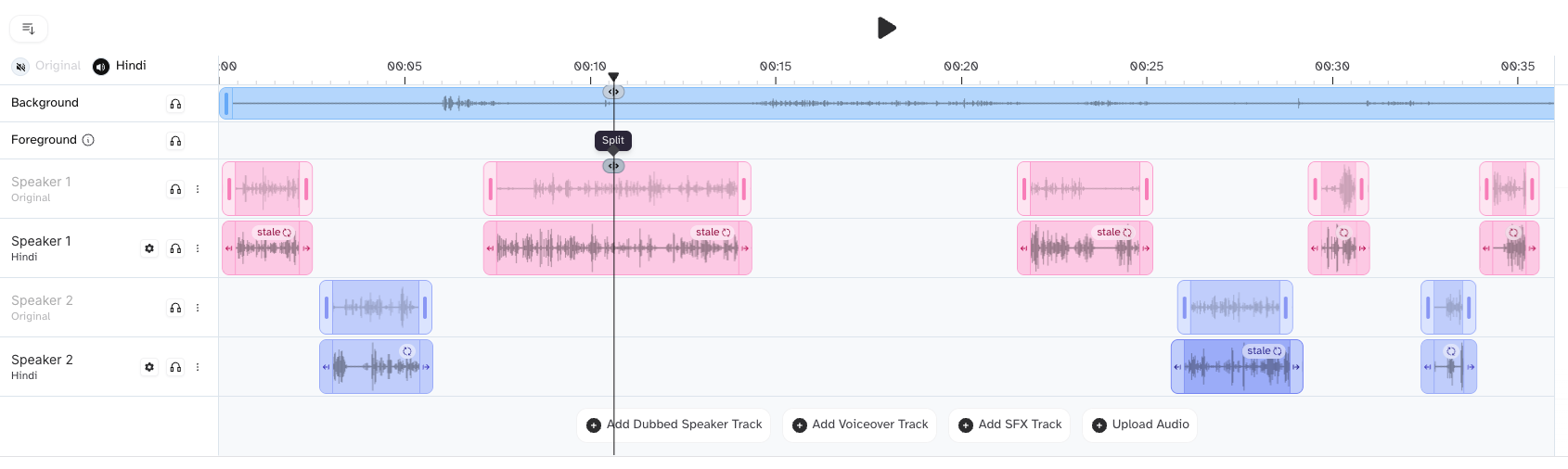 ElevenLabs Dubbing Interface showing audio-first design with timeline controls